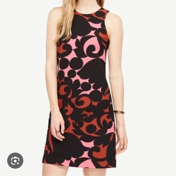 Ann Taylor Plus Size Shift Dress Sleeveless Retro Print Black Bright Pink Sz 16 - Picture 2 of 16